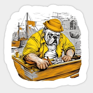 A Carpenter English Bulldog working on a wooden boat, surrounded by water and other boats in a busy Sticker